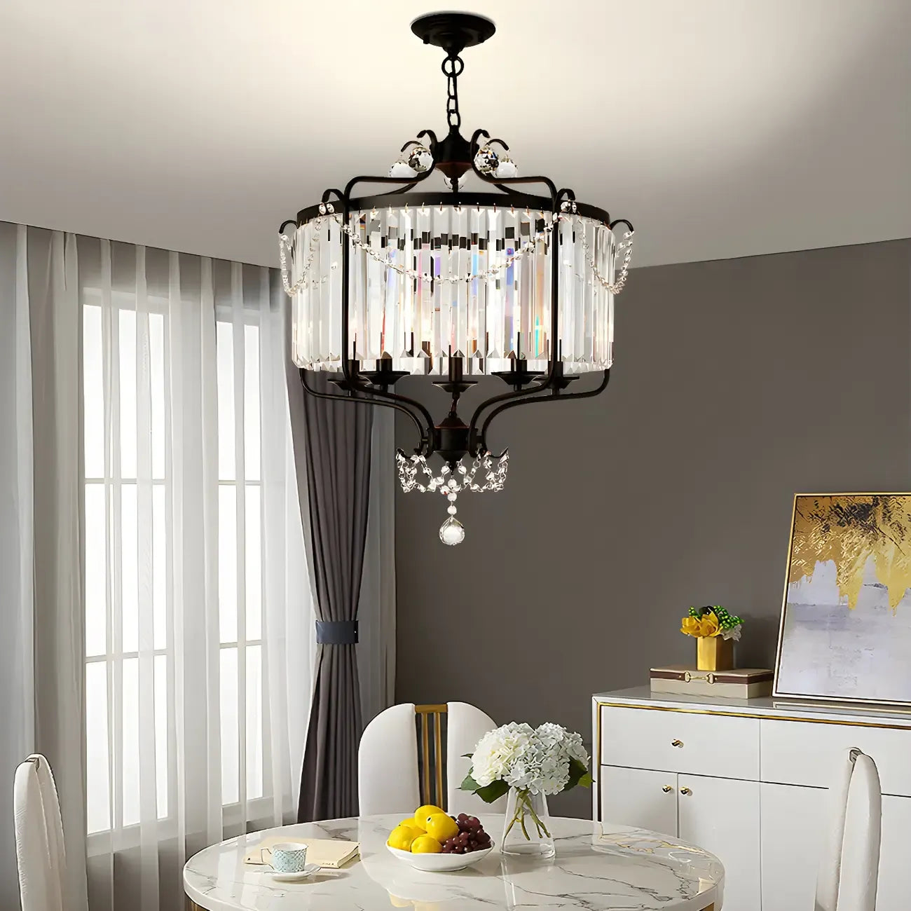 Lustre moderne cylindrique rond en métal noir avec cage en cristal