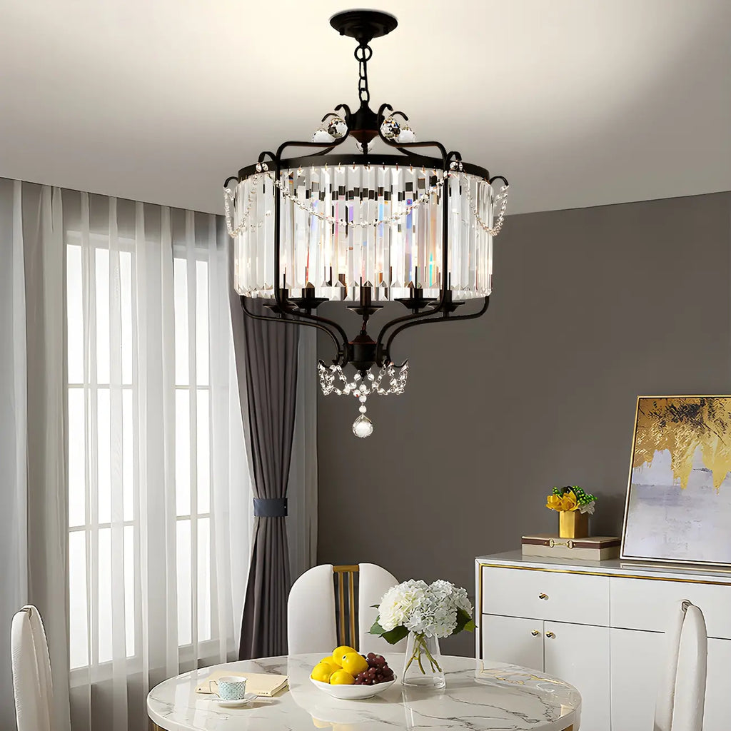 Lustre moderne cylindrique rond en métal noir avec cage en cristal
