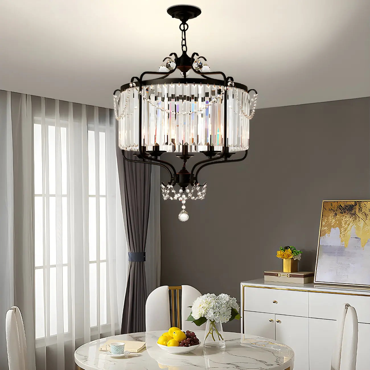 Lustre moderne cylindrique rond en métal noir avec cage en cristal