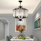 Lustre moderne cylindrique rond en métal noir avec cage en cristal