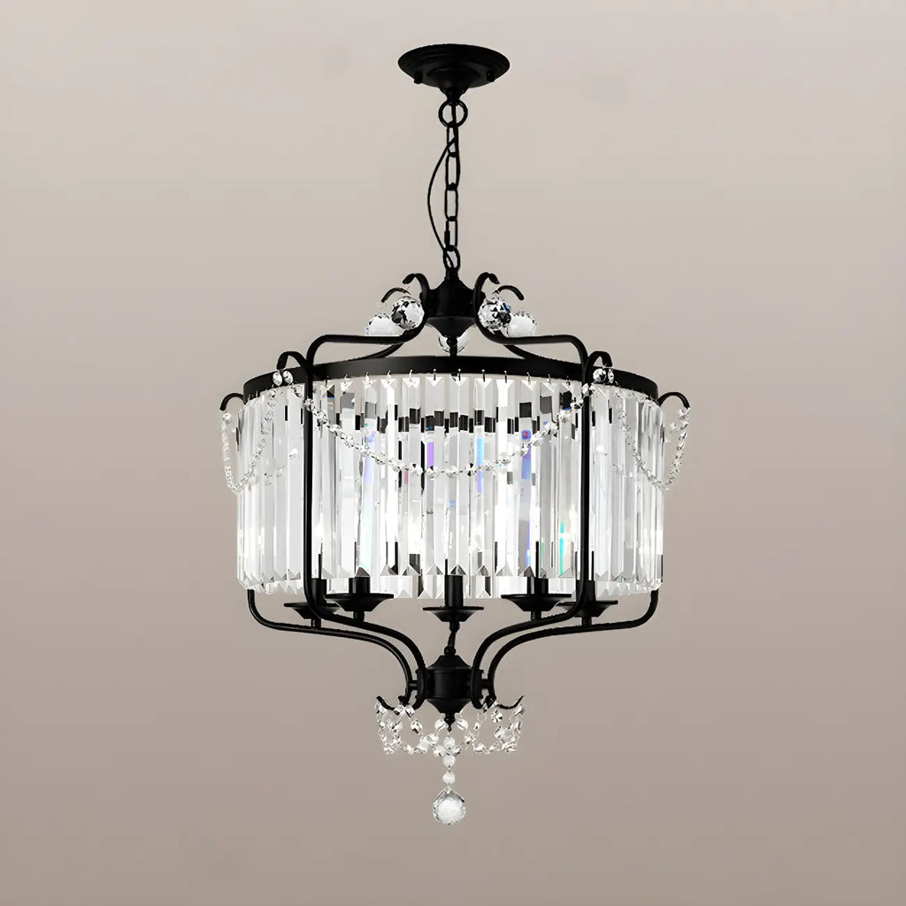 Lustre moderne cylindrique rond en métal noir avec cage en cristal