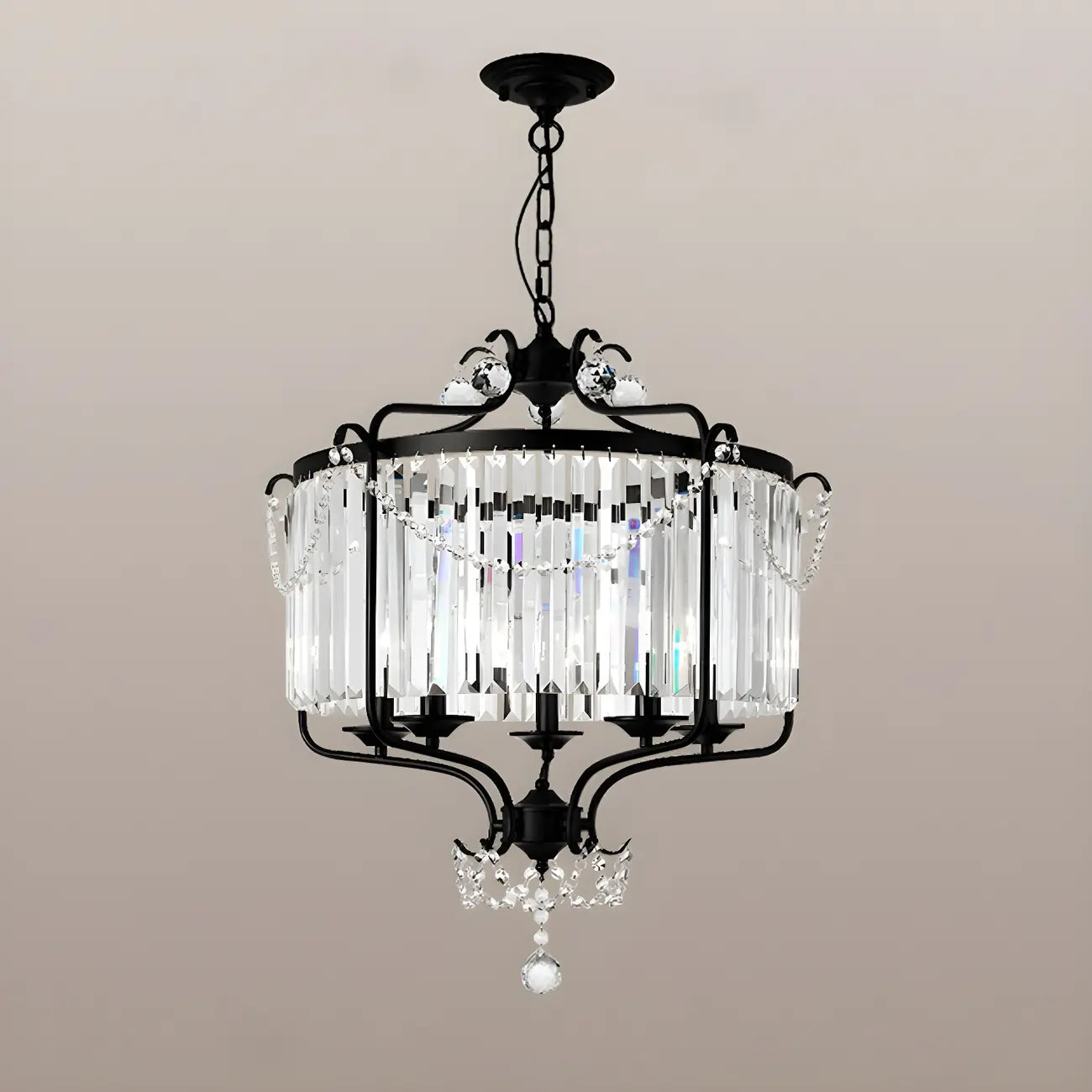 Lustre moderne cylindrique rond en métal noir avec cage en cristal