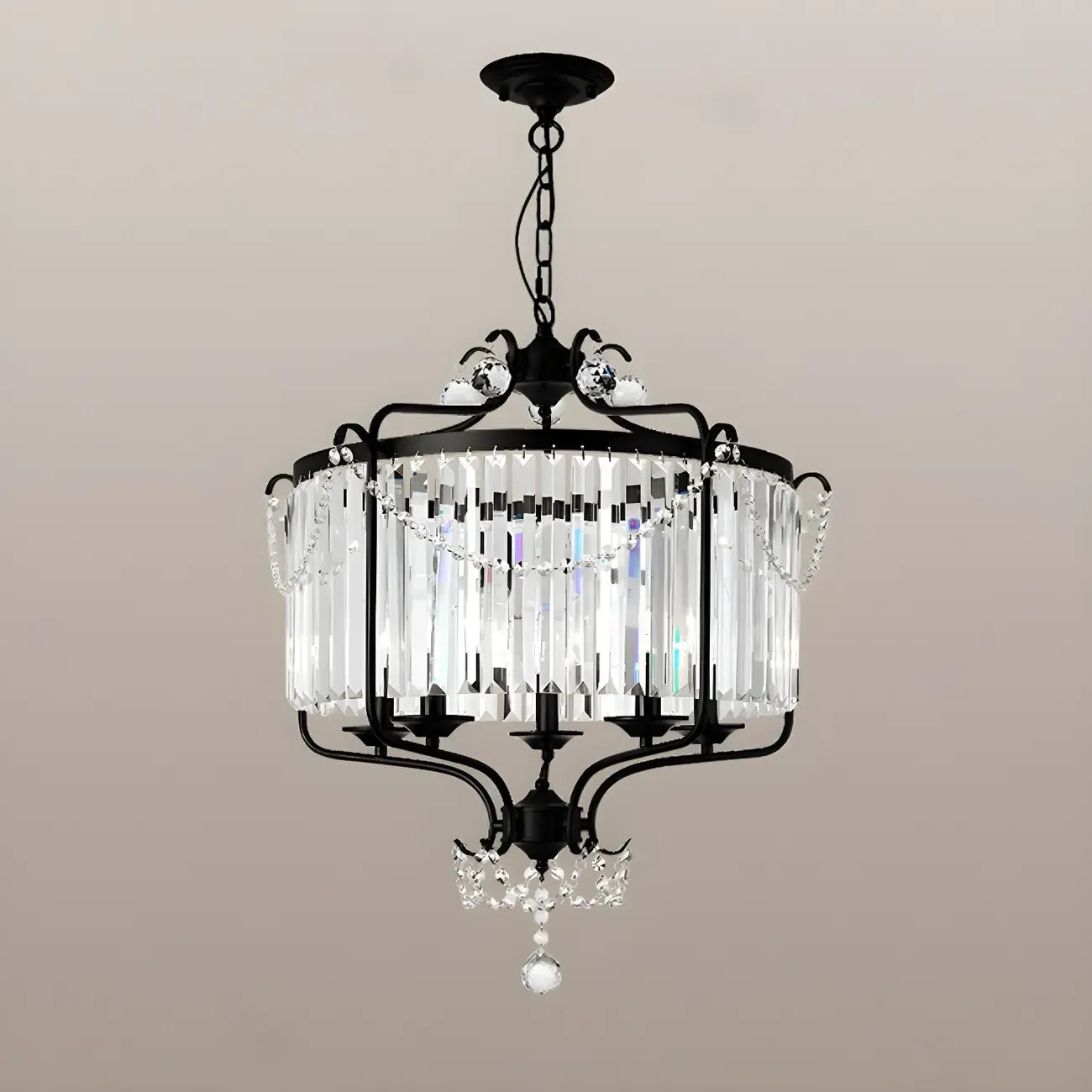 Lustre moderne cylindrique rond en métal noir avec cage en cristal