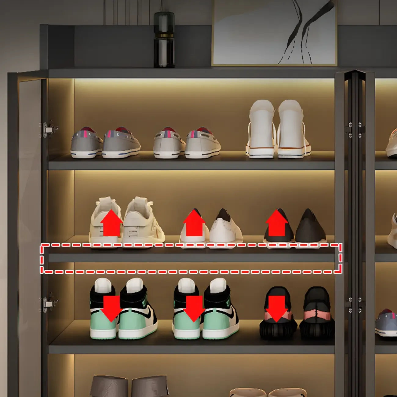 Meuble à chaussures éclairé par LED avec étagères réglables et portes transparentes