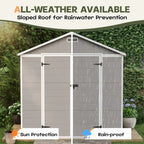 Abri de jardin en résine plastique tout temps avec plancher, dimensions : 1,83 m x 1,22 m / 1,83 m x 2,44 m / 2,44 m x 1,83 m / 2,44 m x 3,05 m.