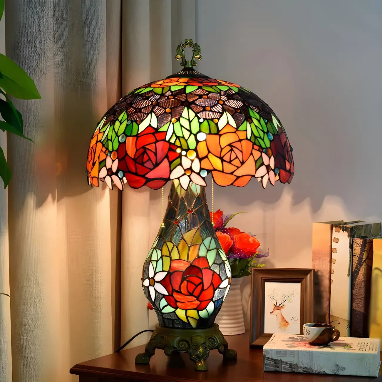 Lampada da tavolo a 3 luci a cupola a forma di rosa in vetro colorato vintage