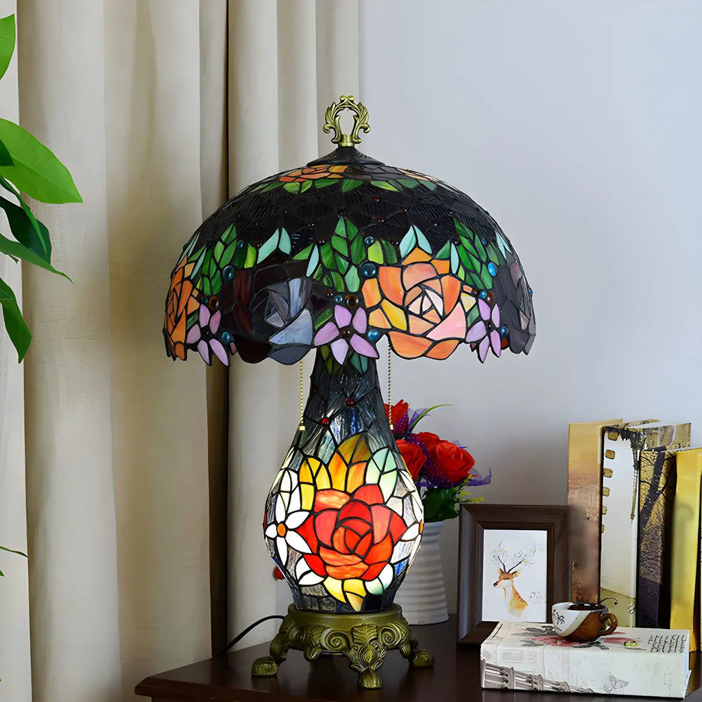 Lampada da tavolo a 3 luci a cupola a forma di rosa in vetro colorato vintage