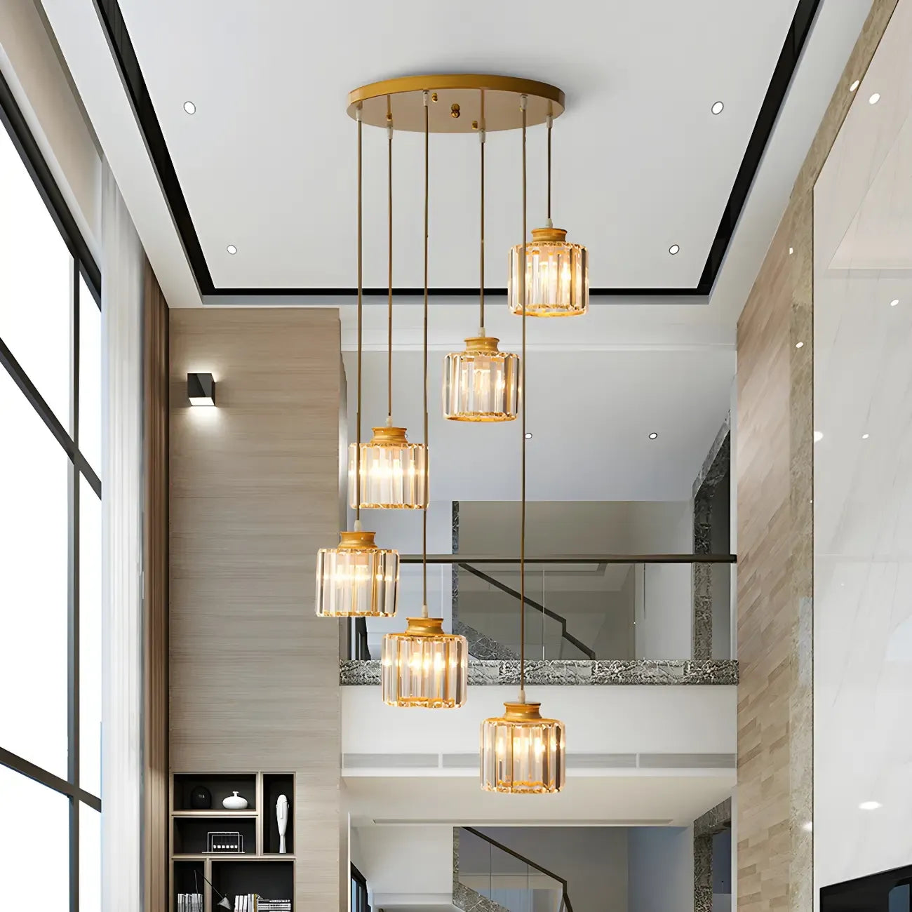 Suspension cylindrique en cristal à spirale pour cage d'escalier contemporaine