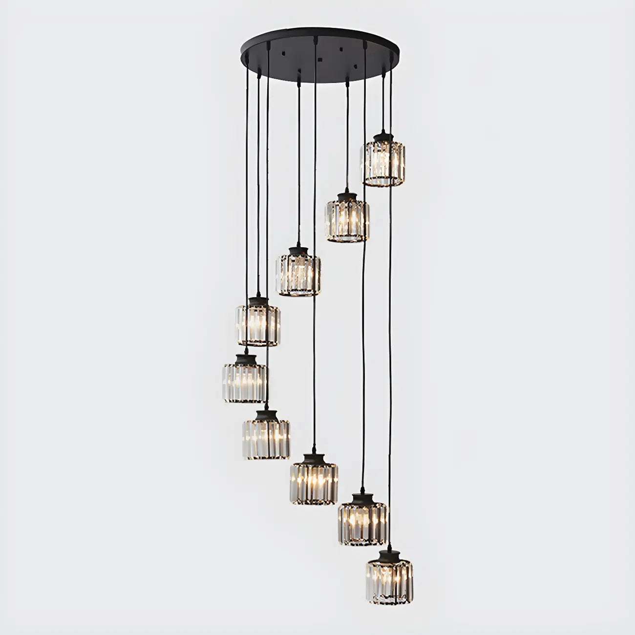 Suspension cylindrique en cristal à spirale pour cage d'escalier contemporaine