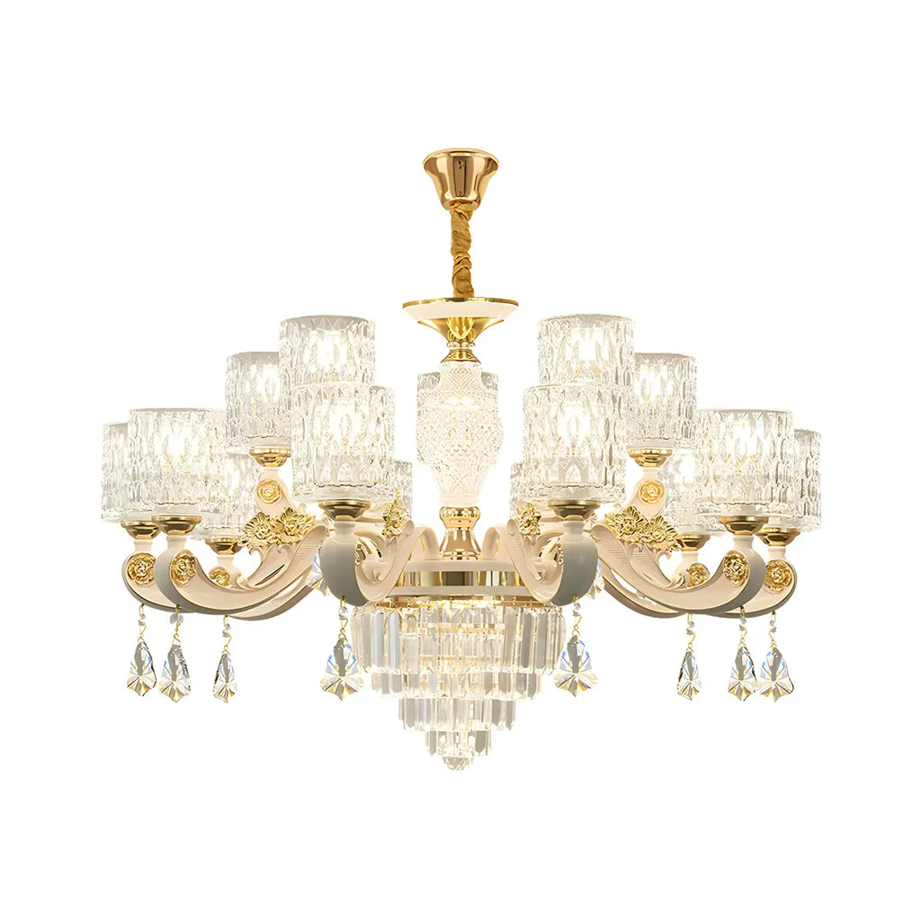 Lustre cylindrique en verre ondulé et or blanc doré avec cristal
