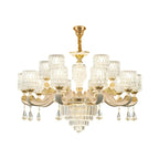 Lustre cylindrique en verre ondulé et or blanc doré avec cristal