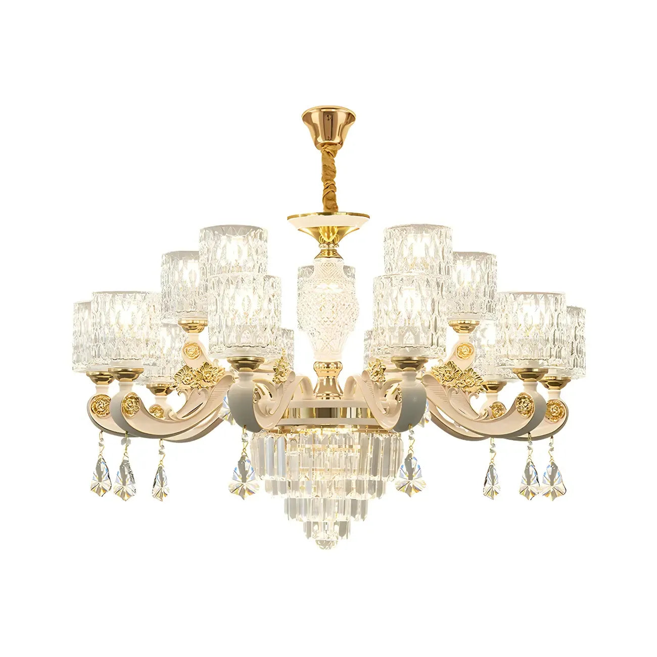 Lustre cylindrique en verre ondulé et or blanc doré avec cristal