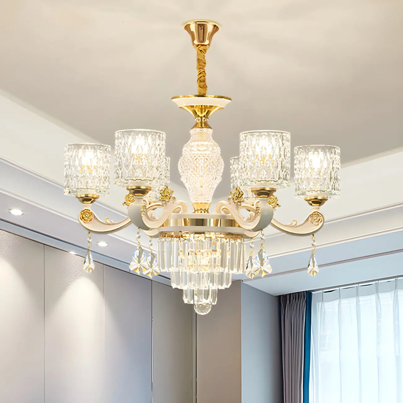 Lustre cylindrique en verre ondulé et or blanc doré avec cristal