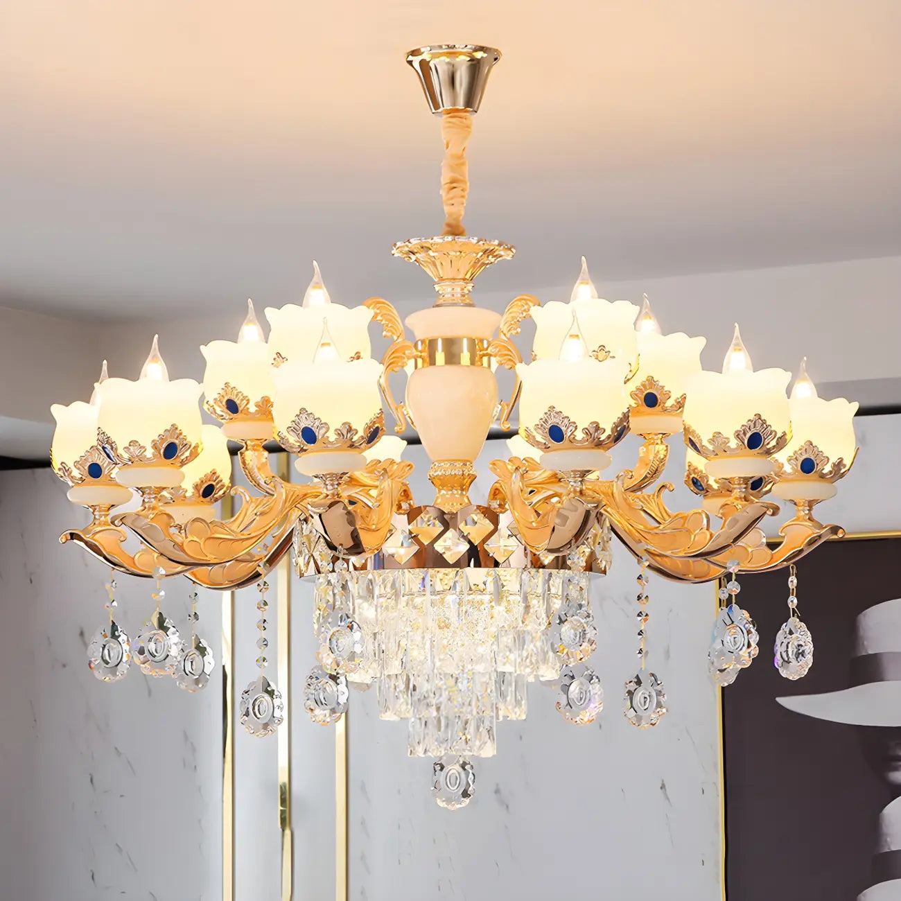 Lustre classique en cristal doré avec perles