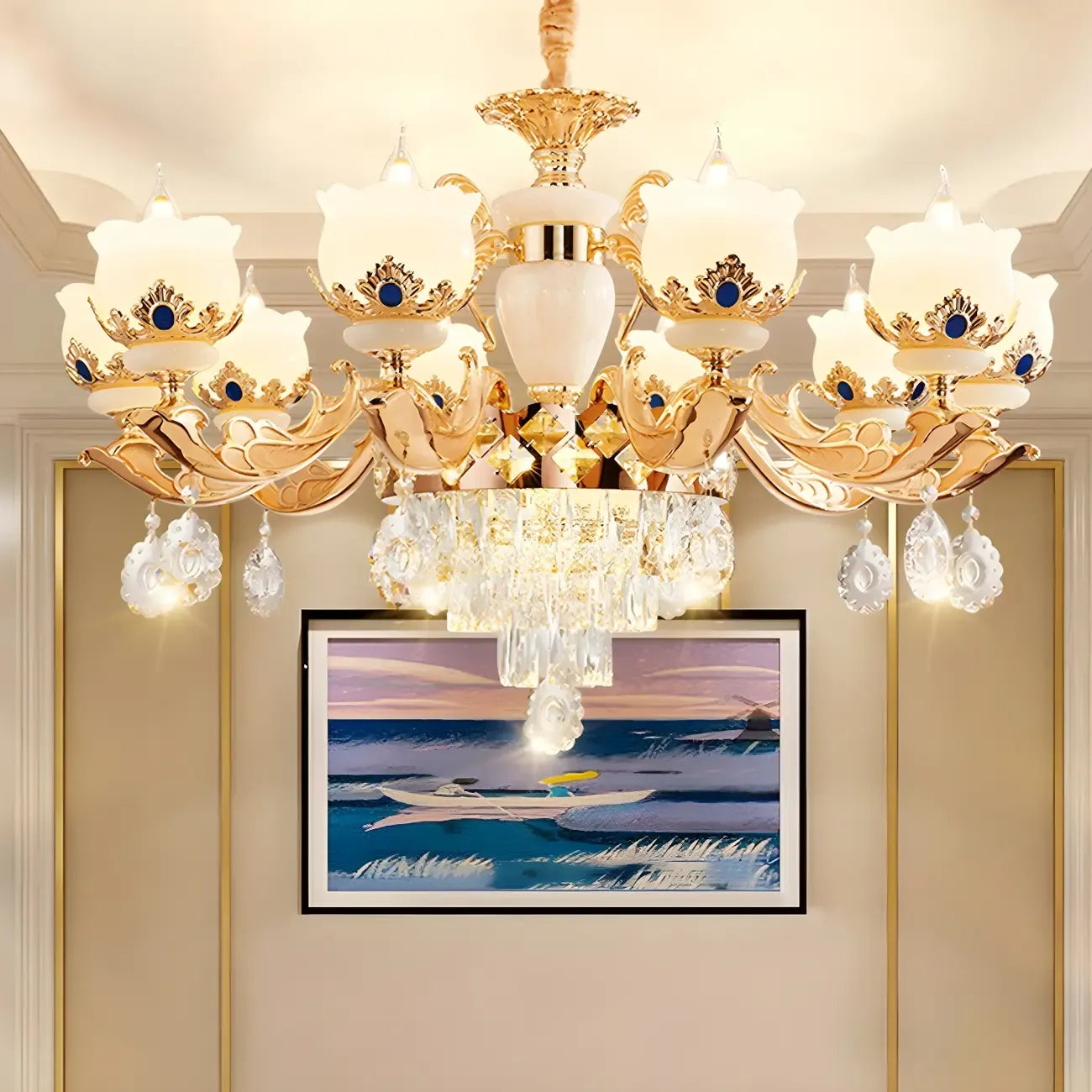 Lustre classique en cristal doré avec perles