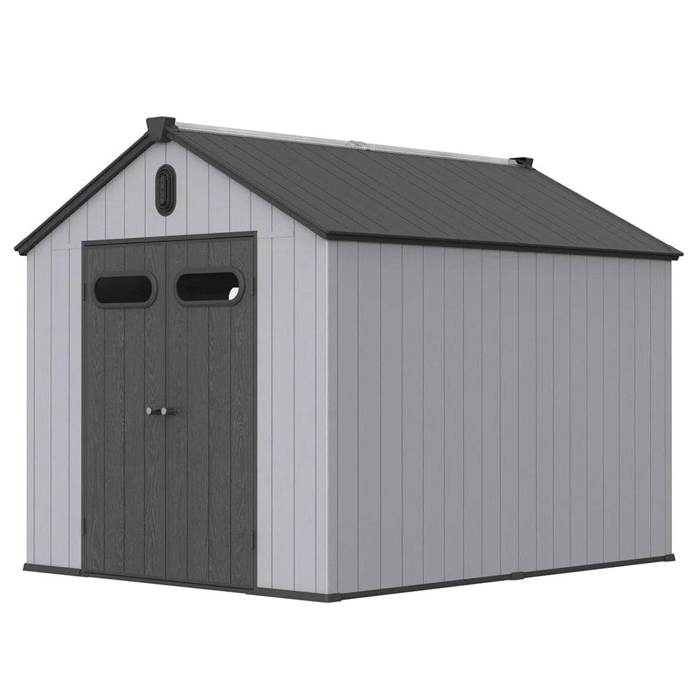 Abri de jardin en résine plastique tout temps avec plancher, dimensions : 1,83 m x 1,22 m / 1,83 m x 2,44 m / 2,44 m x 1,83 m / 2,44 m x 3,05 m.