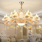 Lustre doré en verre à motif floral avec pendentif en cristal pour salon
