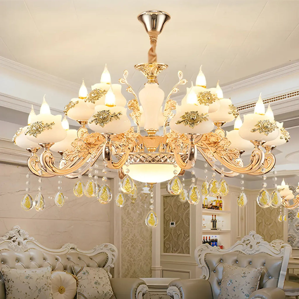 Lustre doré en verre à motif floral avec pendentif en cristal pour salon