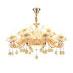 Lustre doré en verre à motif floral avec pendentif en cristal pour salon