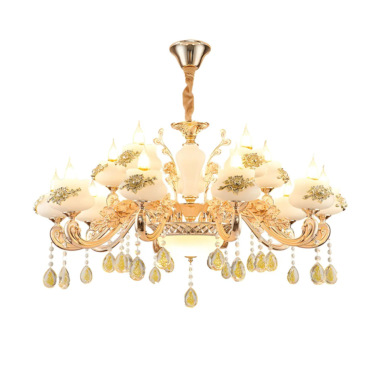 Lustre doré en verre à motif floral avec pendentif en cristal pour salon
