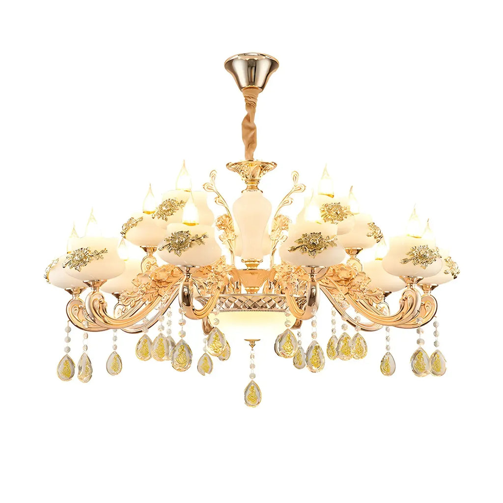 Lustre doré en verre à motif floral avec pendentif en cristal pour salon