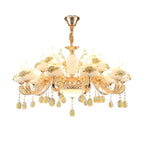 Lustre doré en verre à motif floral avec pendentif en cristal pour salon