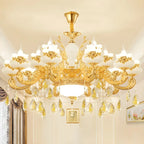 Lustre doré en verre à motif floral avec pendentif en cristal pour salon