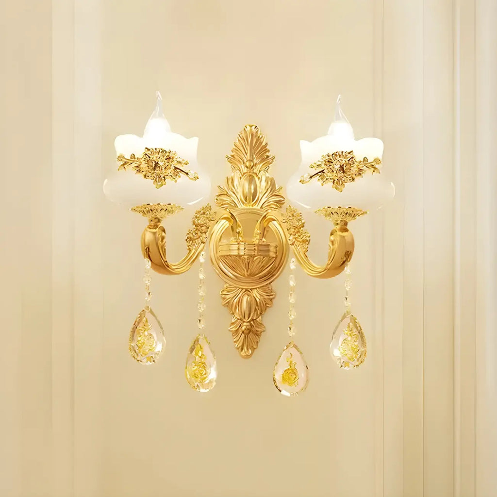 Lustre doré en verre à motif floral avec pendentif en cristal pour salon