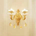 Lustre doré en verre à motif floral avec pendentif en cristal pour salon