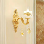 Lustre doré en verre à motif floral avec pendentif en cristal pour salon