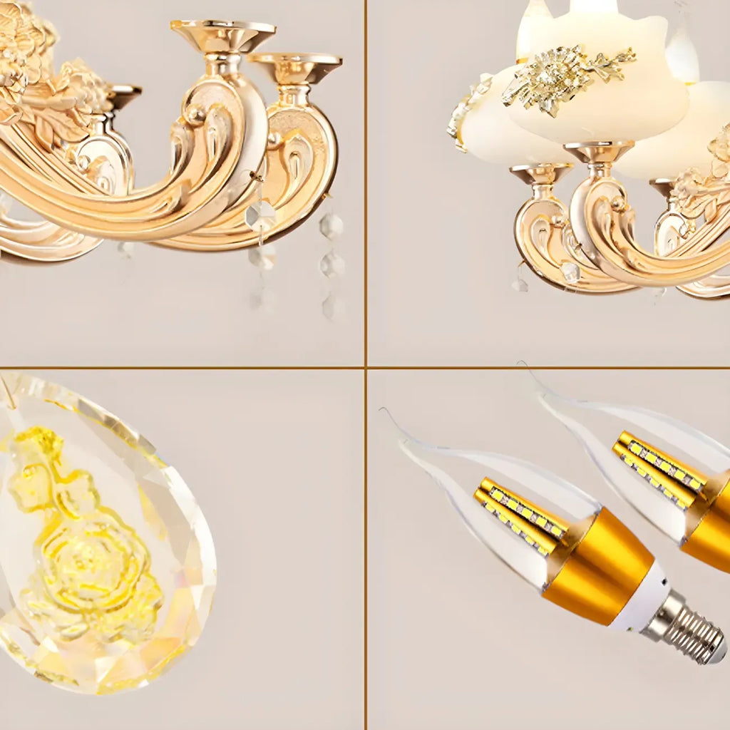 Lustre doré en verre à motif floral avec pendentif en cristal pour salon