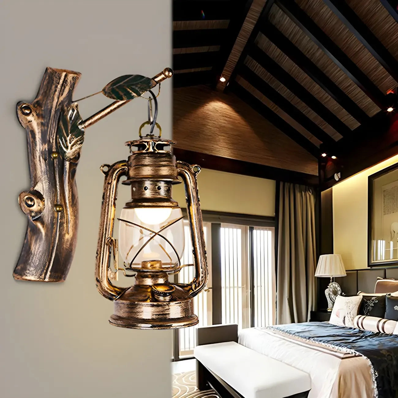 Applique murale industrielle en bronze avec LED, style lanterne, pour la décoration de chambre.