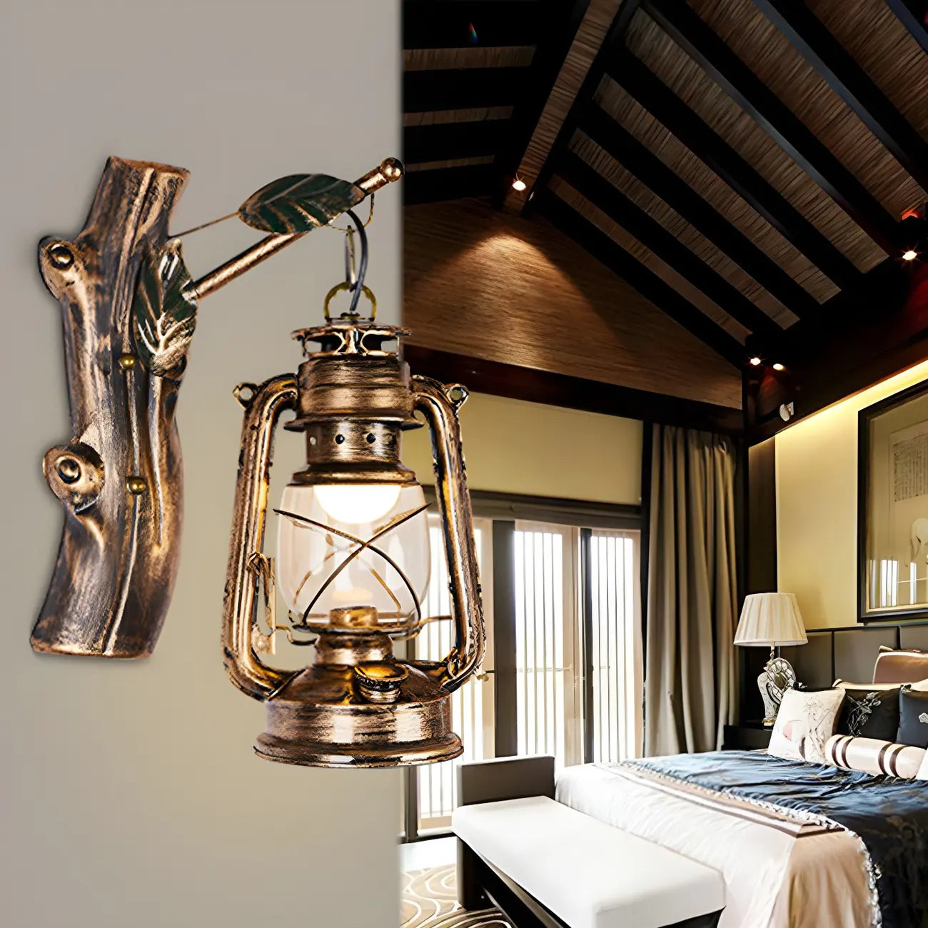 Applique murale industrielle en bronze avec LED, style lanterne, pour la décoration de chambre.
