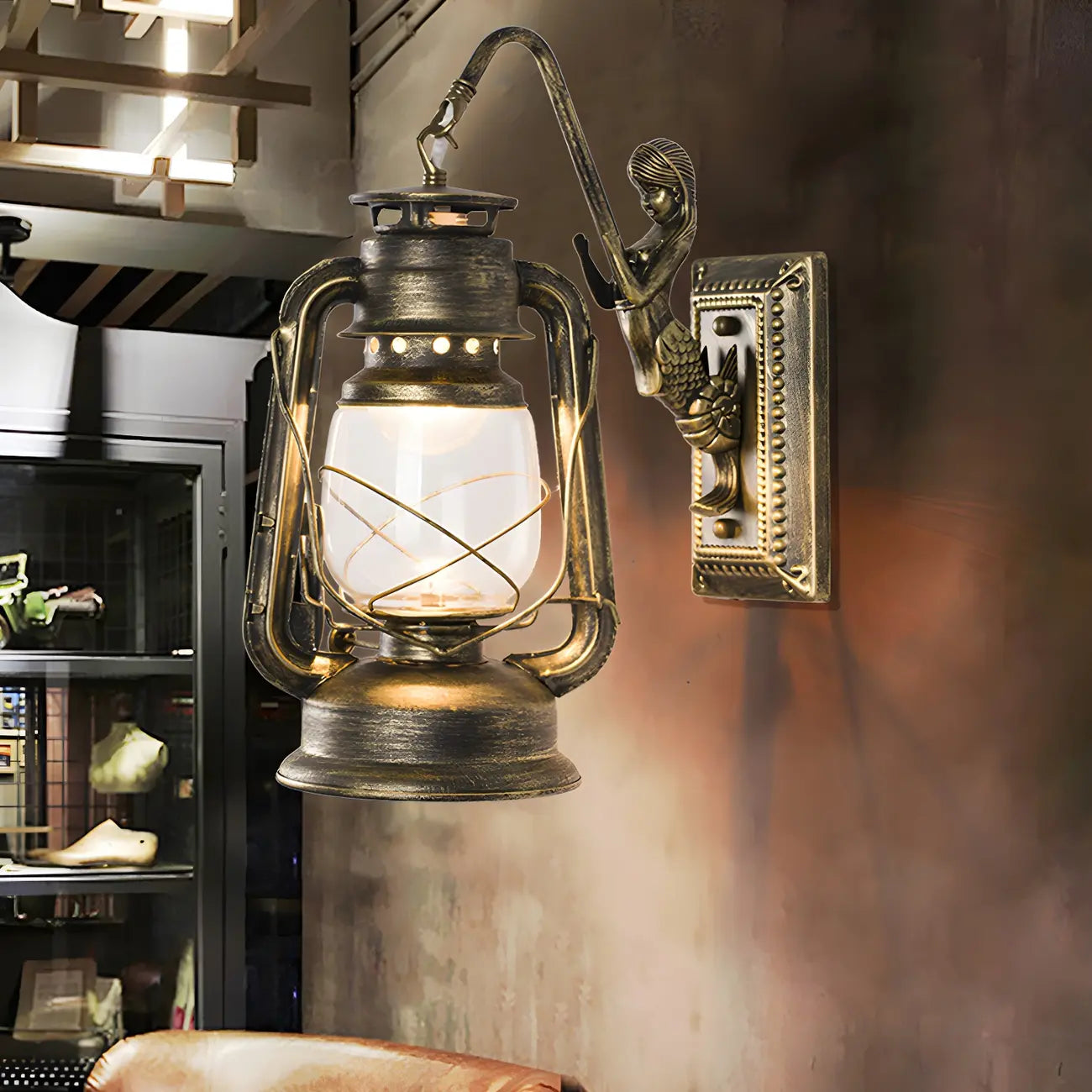 Applique murale industrielle en bronze avec LED, style lanterne, pour la décoration de chambre.