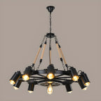 Lustre industriel à chaîne en fer noir en forme d'engrenage