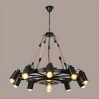 Lustre industriel à chaîne en fer noir en forme d'engrenage