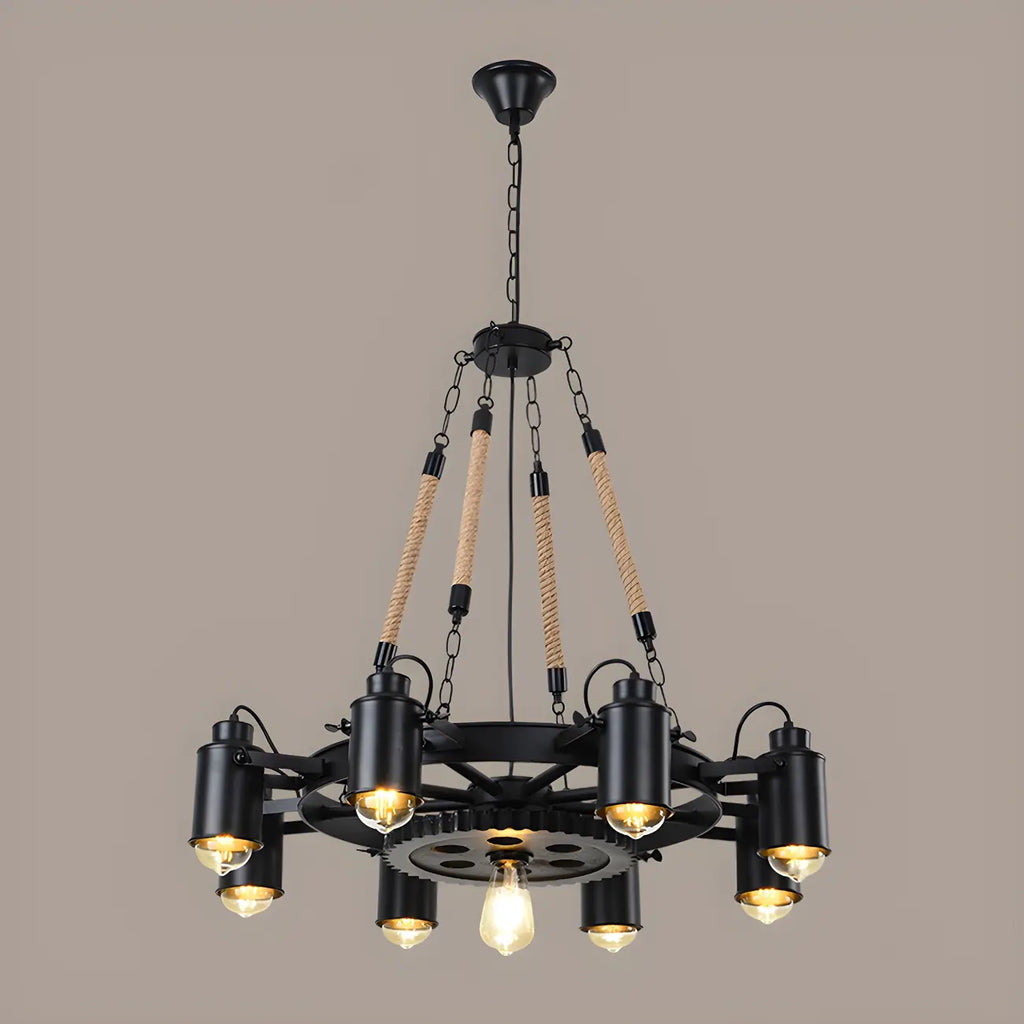 Lustre industriel à chaîne en fer noir en forme d'engrenage