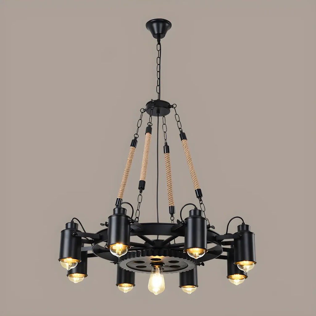 Lustre industriel à chaîne en fer noir en forme d'engrenage