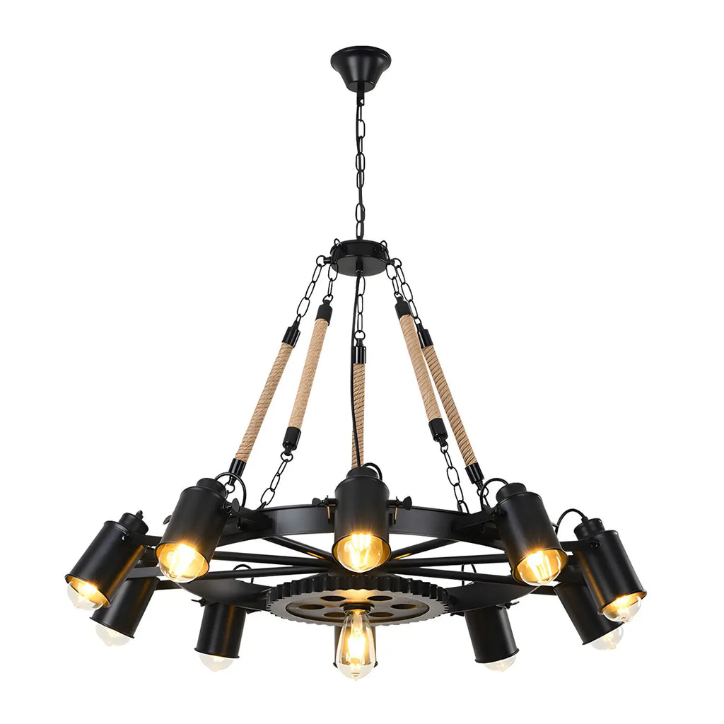 Lustre industriel à chaîne en fer noir en forme d'engrenage