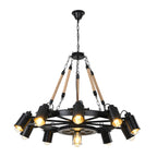 Lustre industriel à chaîne en fer noir en forme d'engrenage