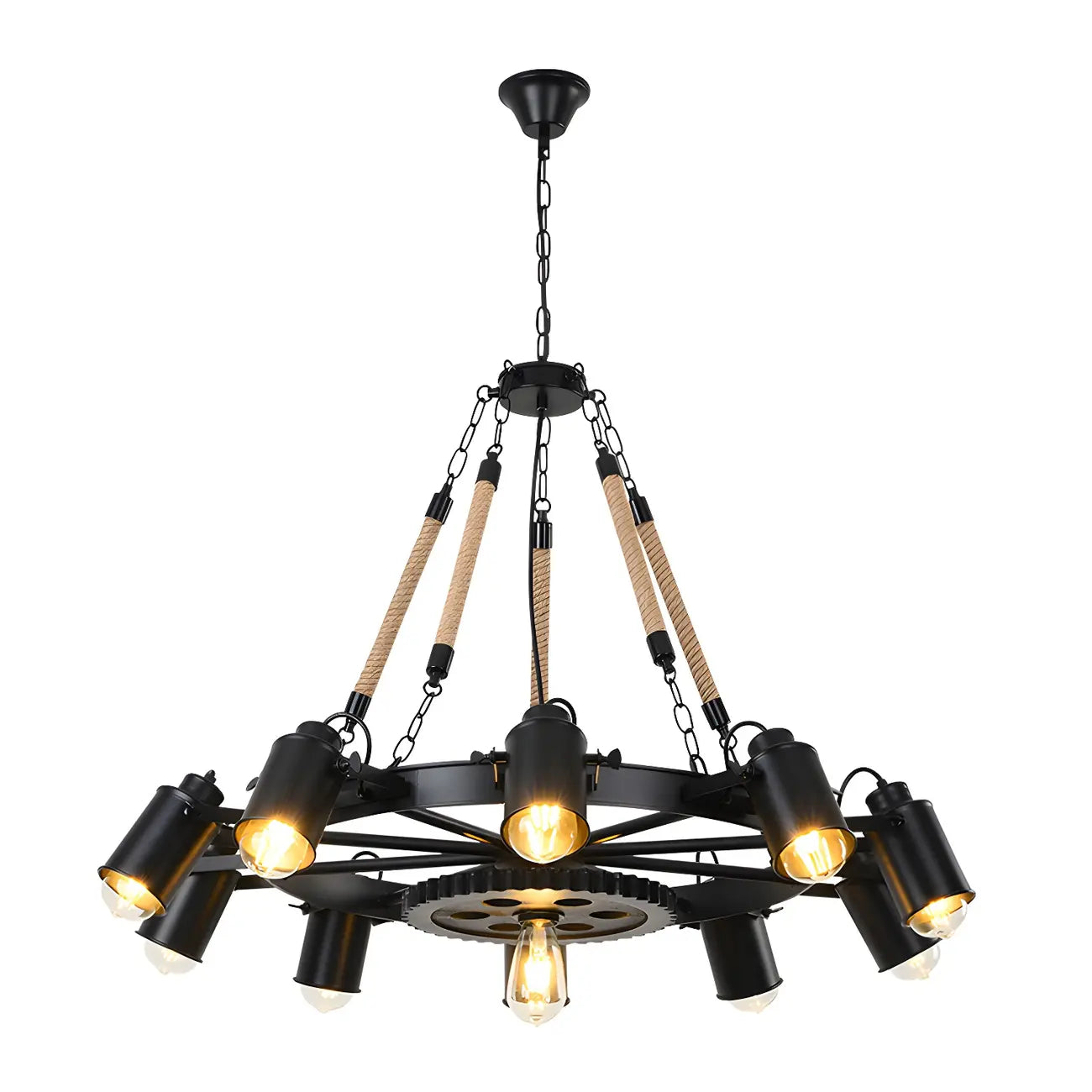 Lustre industriel à chaîne en fer noir en forme d'engrenage