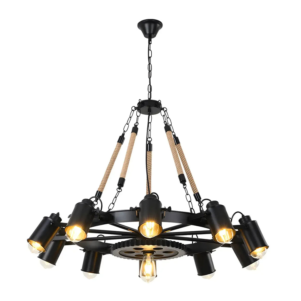 Lustre industriel à chaîne en fer noir en forme d'engrenage