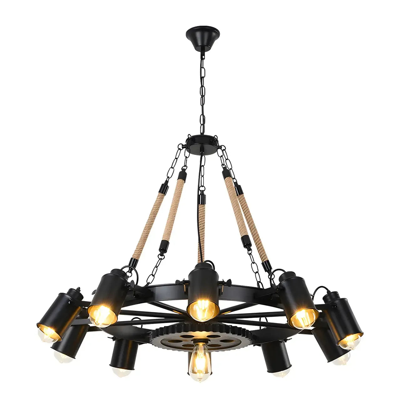 Lustre industriel à chaîne en fer noir en forme d'engrenage