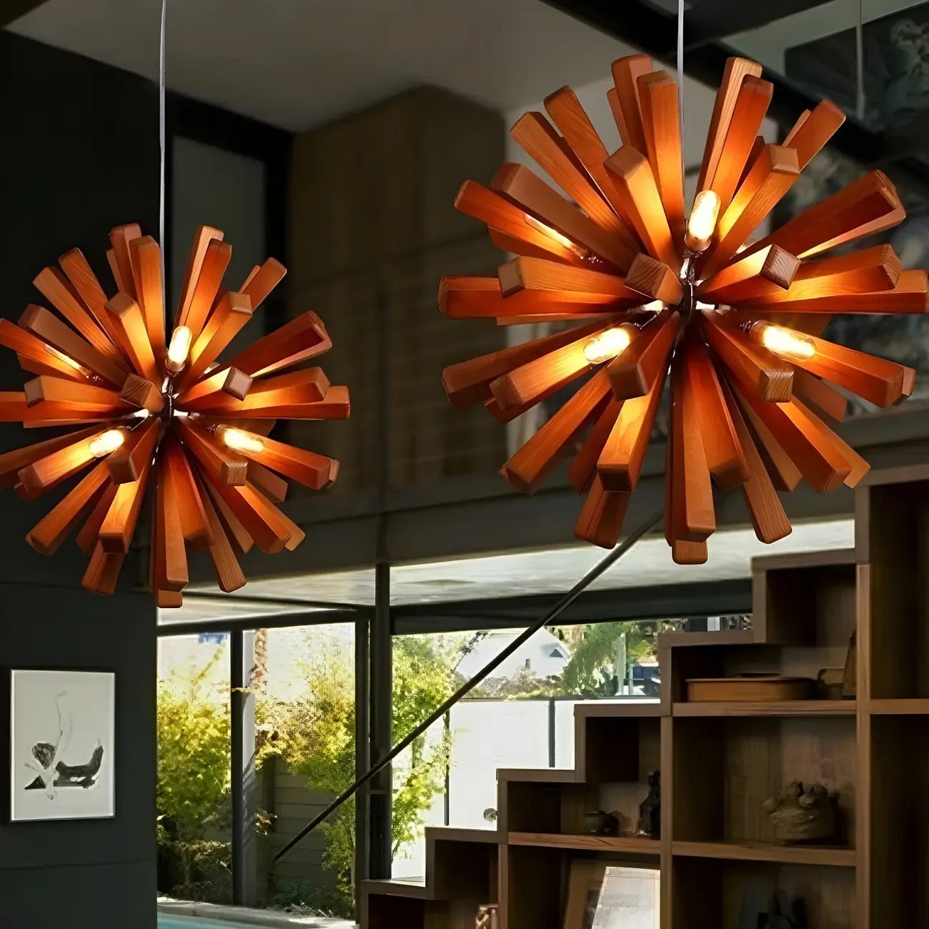 Lustre moderne à 10 lumières en bois foncé, rond, en forme d'étoile