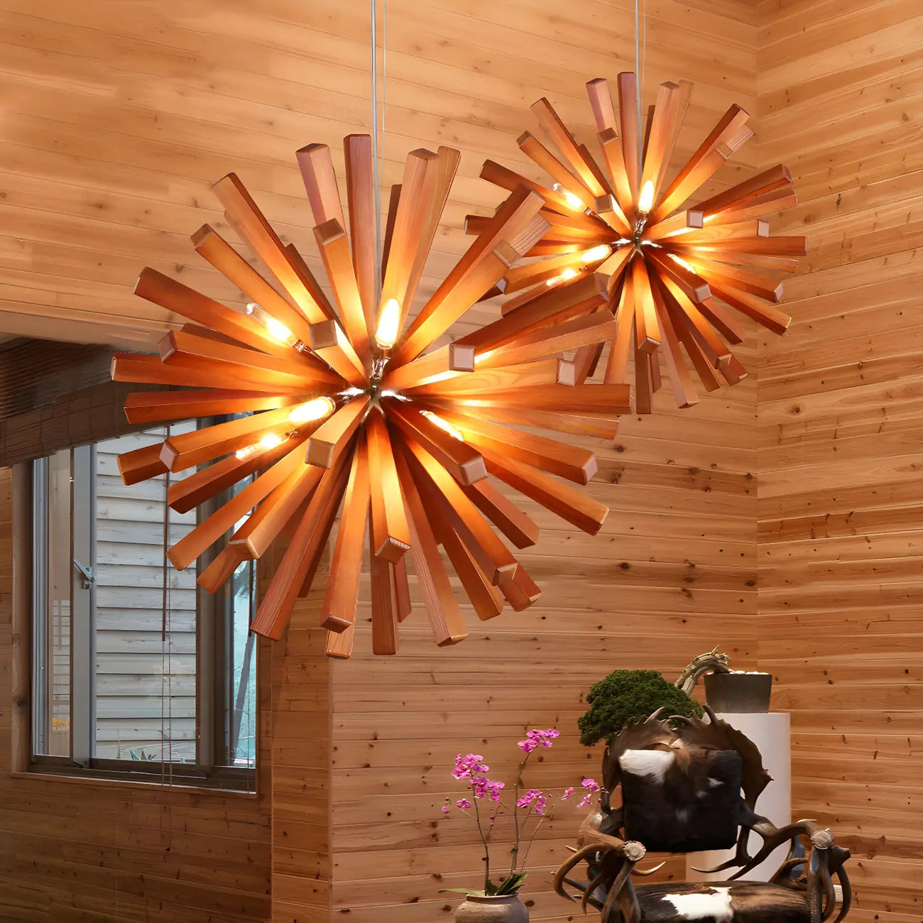Lustre moderne à 10 lumières en bois foncé, rond, en forme d'étoile