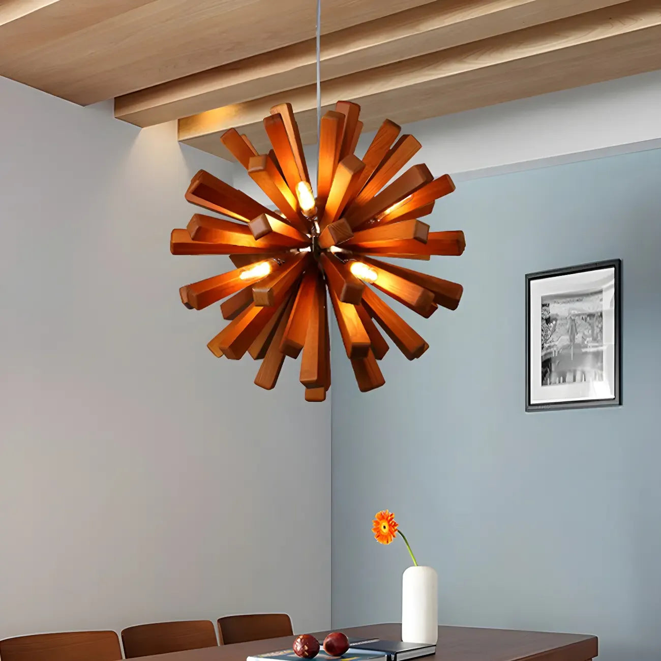 Lustre moderne à 10 lumières en bois foncé, rond, en forme d'étoile