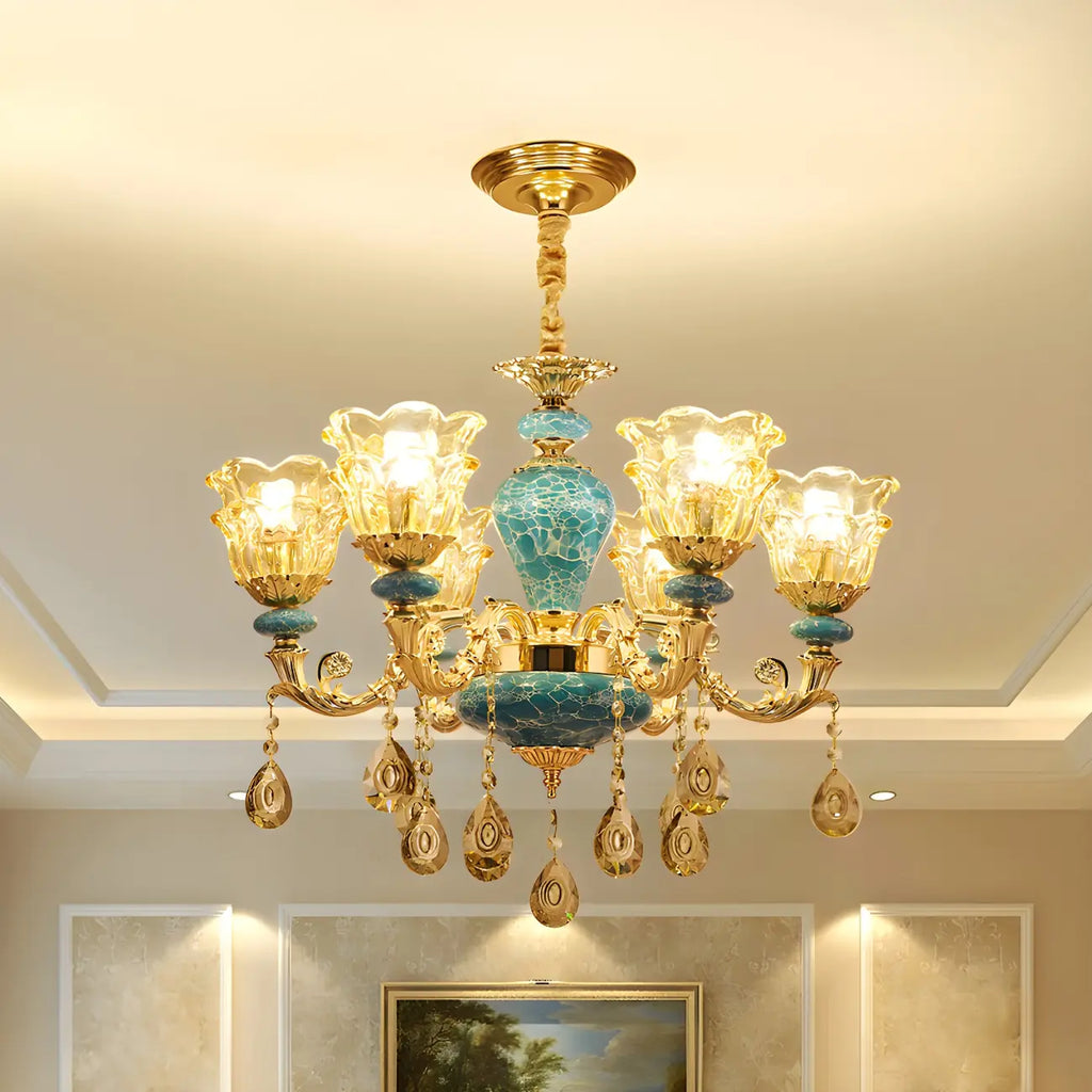 Magnifique lustre à suspension florale en verre bleu et or avec pendentifs
