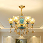 Magnifique lustre à suspension florale en verre bleu et or avec pendentifs