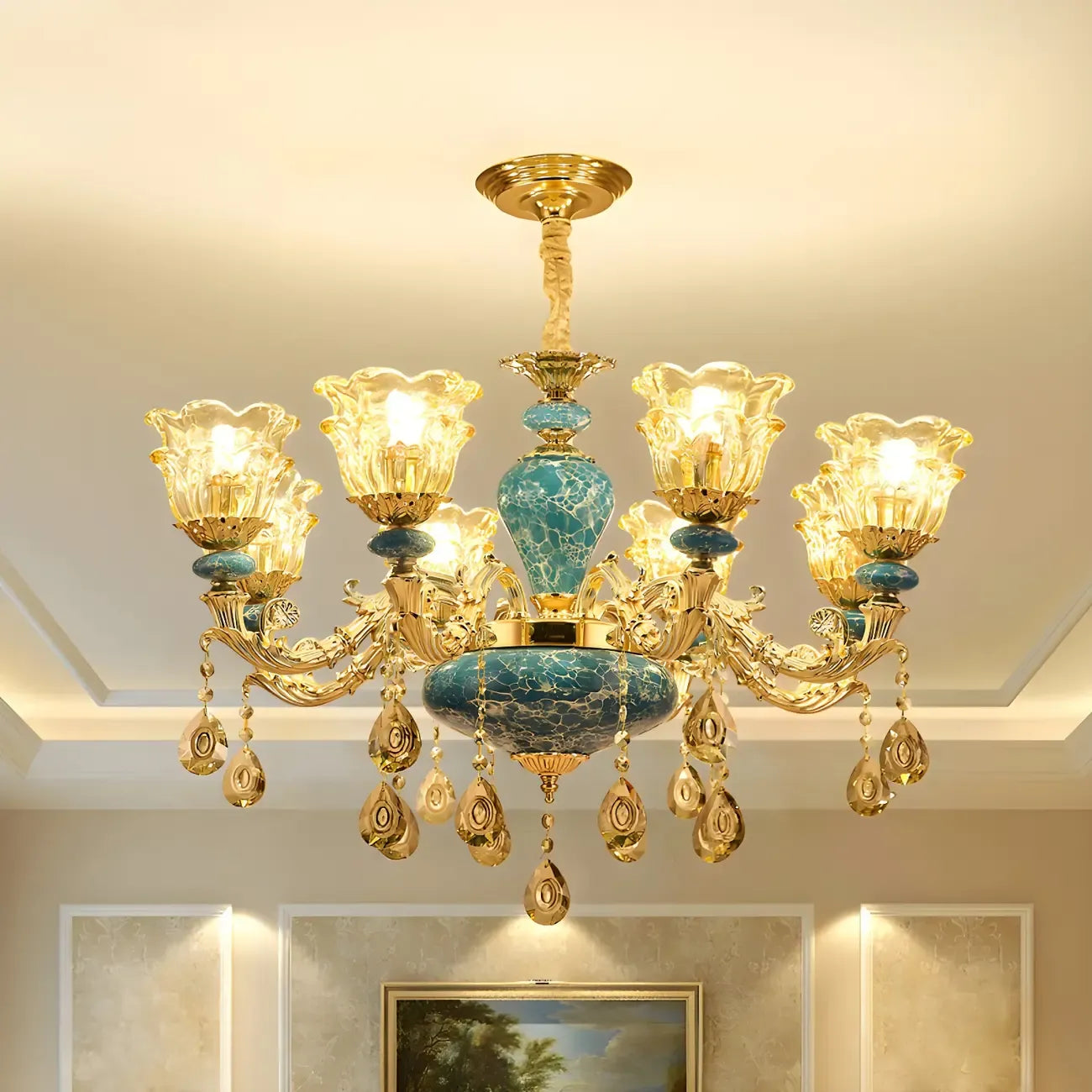 Magnifique lustre à suspension florale en verre bleu et or avec pendentifs