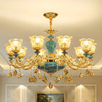 Magnifique lustre à suspension florale en verre bleu et or avec pendentifs